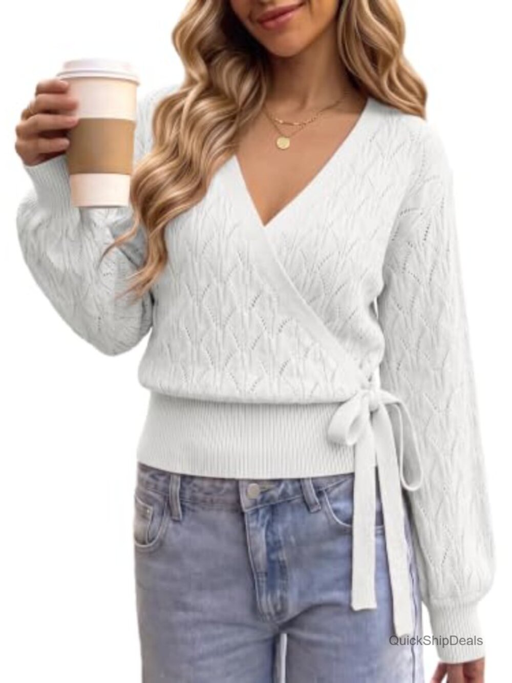 EVALESS Women's V-Neck Long Sleeve Wrap Style Pullover Sweater